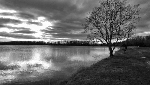 Scenic view of lake against cloudy sky