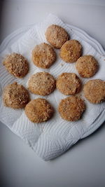 High angle view of cookies in plate on table