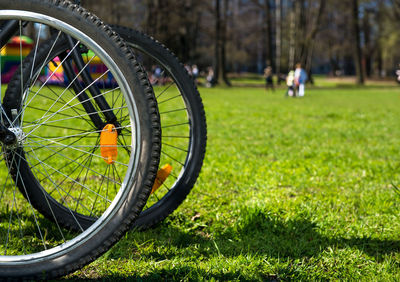 Close-up of bicycles on grassy field at park