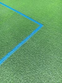 High angle view of blue single line on soccer field