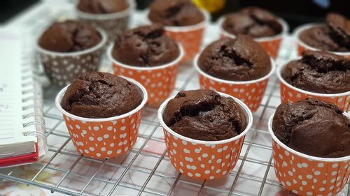 High angle view of chocolate cake on table