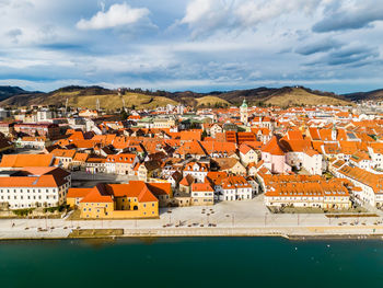 High angle view of townscape against sky