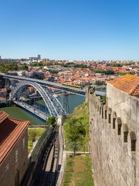 High angle view of bridge and buildings against clear sky