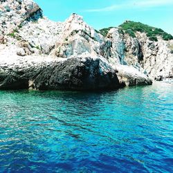 Scenic view of sea against blue sky