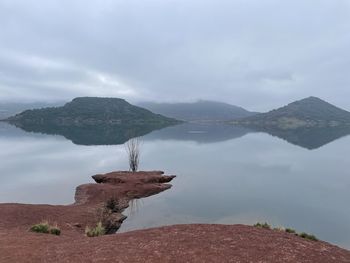 Misty day in winter at lake salagou in france