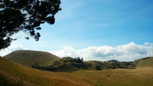 Scenic view of mountains against cloudy sky