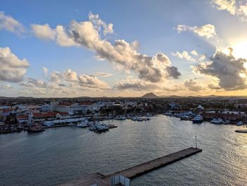 High angle view of townscape by sea against sky