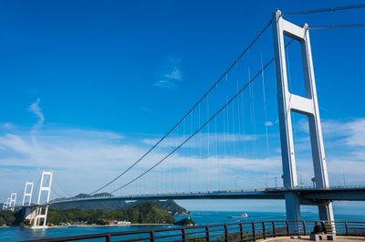 View of suspension bridge against cloudy sky