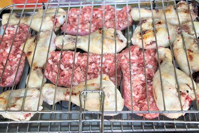 High angle view of meat for sale at market