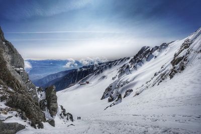 Scenic view of snow covered mountains against sky