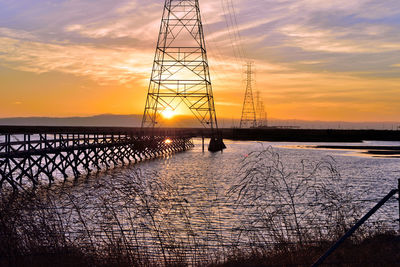 Silhouette electricity pylon against sky during sunset