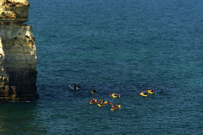 High angle view of canoeing in calm blue sea