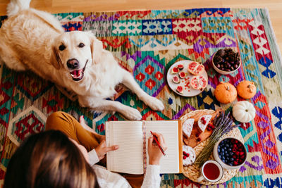 High angle view of woman writing in diary while sitting with dog on carpet at home