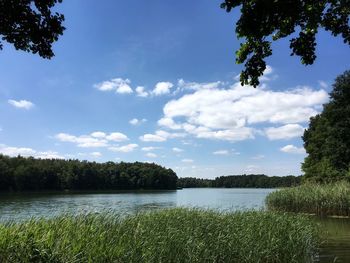 Scenic view of lake against cloudy sky