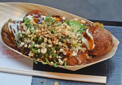 High angle view of food in plate on table