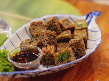 Close-up of food in plate on table