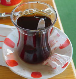 High angle view of tea cup on table