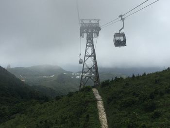 Low angle view of overhead cable car against sky