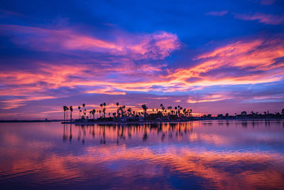 Scenic view of sea against dramatic sky during sunset