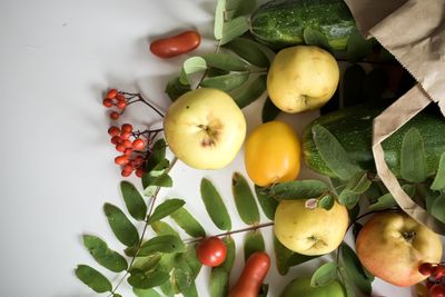 High angle view of apples and fruits on leaves