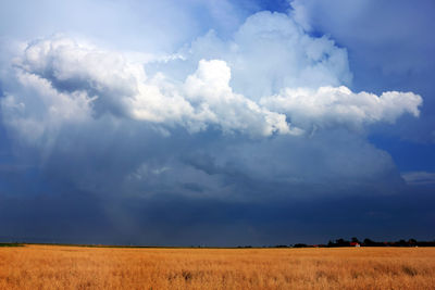 Scenic view of field against cloudy sky