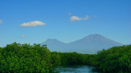 Scenic view of mountains against blue sky