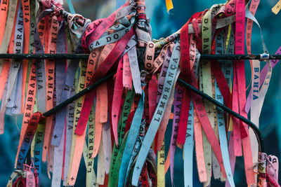 Low angle view of text hanging on clothesline