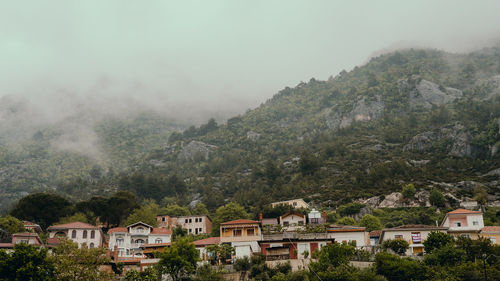 Houses by trees and mountains against sky