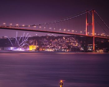 Illuminated bridge over river at night