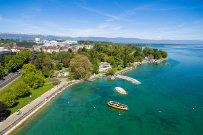 High angle view of boats in sea