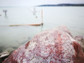 Close-up of rock by river against sky