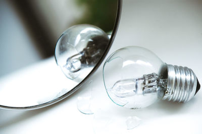 Close-up of light bulb on table