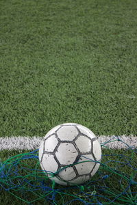 High angle view of soccer ball on field