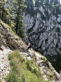 High angle vie of woman climbing on rock