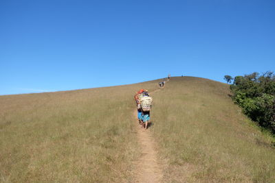 Rear view of man walking on field against clear sky