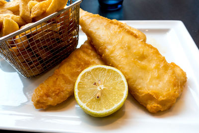 Close-up of fried food in plate on table