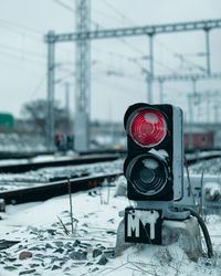 Train on railroad tracks during winter