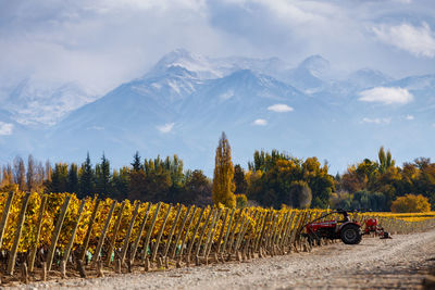 Agricultural machinery on land against mountains