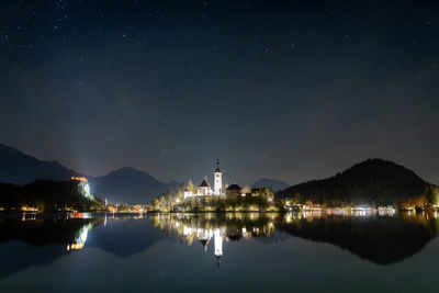Reflection of illuminated buildings against sky at night