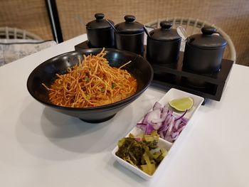 High angle view of food on table