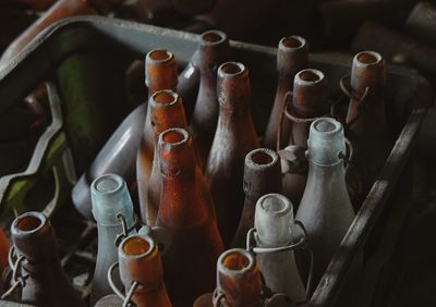 High angle view of empty beer bottles