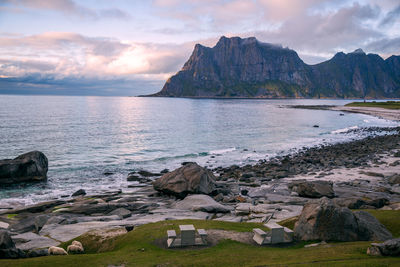 Scenic view on beach, ocean and mountains, lofoten, norway