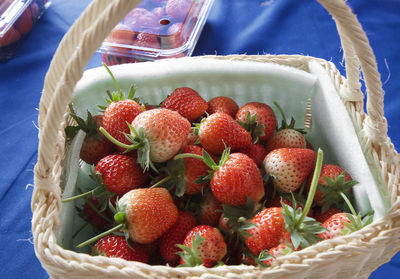 High angle view of strawberries in basket