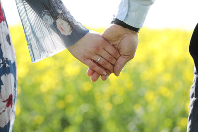 Cropped hand of woman holding yellow flower