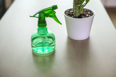 High angle view of spray bottle by potted plant on table