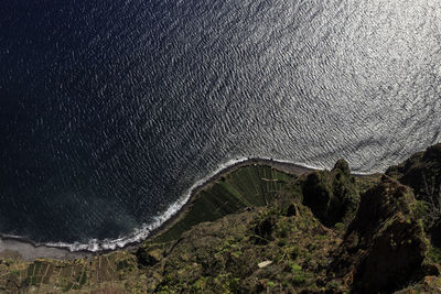 High angle view of coastline seen through cliff