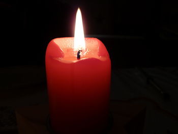 Close-up of lit candle in darkroom