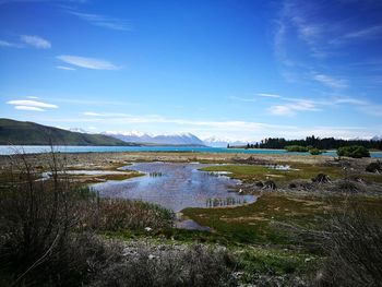 Scenic view of lake against blue sky