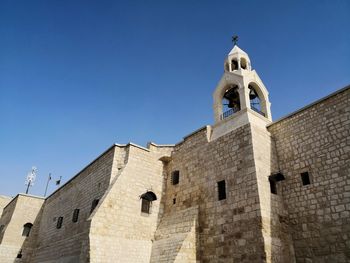 Low angle view of building against clear blue sky