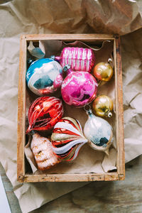 High angle view of multi colored candies on table